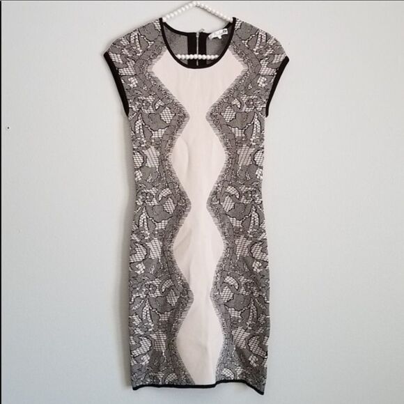 Parker Alexander Nude Black Knit Lace Slimming Body Con Mini Dress M - Picture 2 of 4